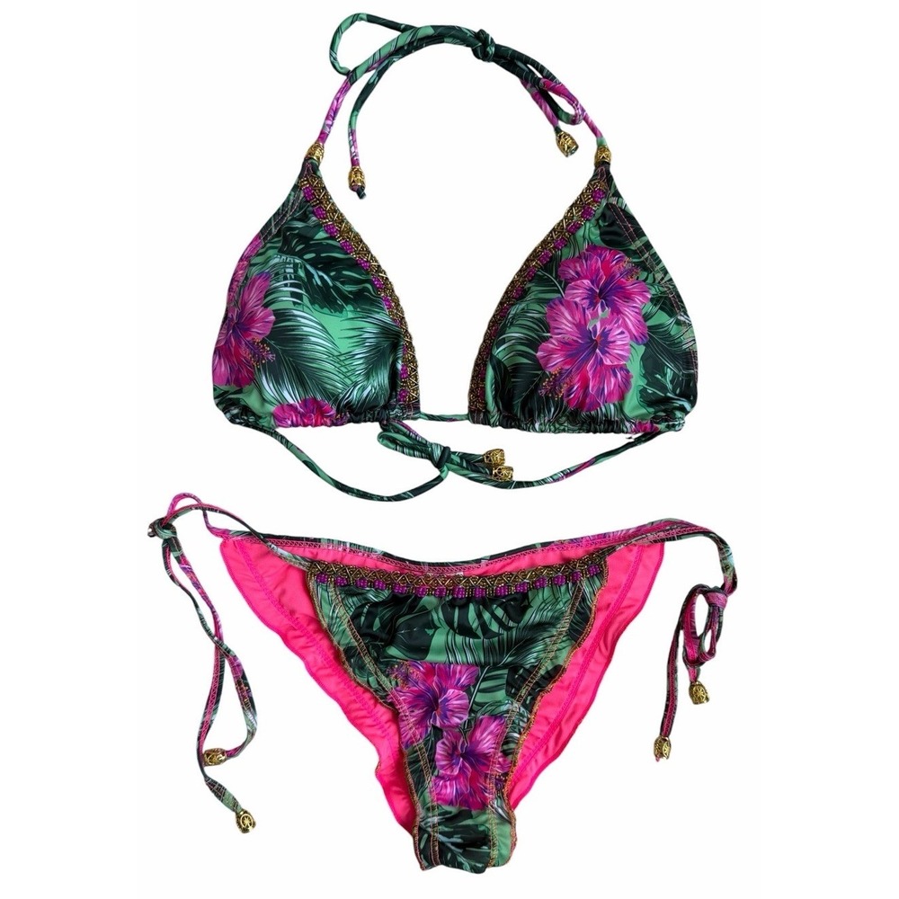 Lateen Swimwear Bikini Set Tropical Sunset Beaded Hawaiian Size M Top L Bottom
